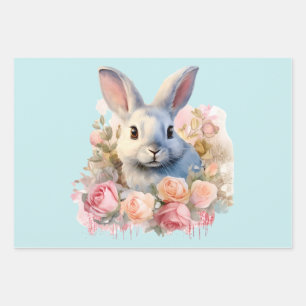 Feuille De Papier Cadeau Lapin avec une guirlande de roses Mignon
