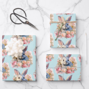 Feuille De Papier Cadeau Lapin avec une guirlande de roses motif mignon
