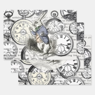 Feuille De Papier Cadeau Lapin Blanc Alice au Pays des Merveilles Horloges 