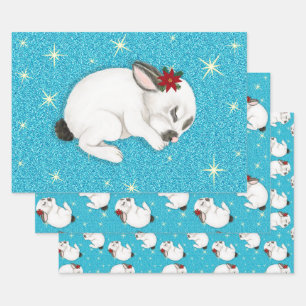 Feuille De Papier Cadeau Lapin blanc Dormir en arrière - plan bleu étince