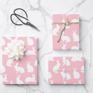 Feuille De Papier Cadeau Lapin Blanc Motif Sur Rose Foncé Adorable Pâques