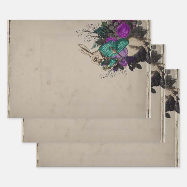 Feuille De Papier Cadeau Lapin blanc violet Floral Alice au pays des mervei (Lot)