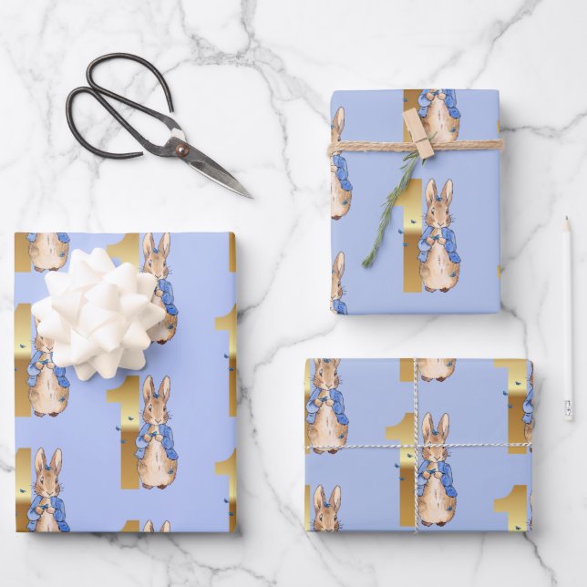 Feuille De Papier Cadeau Lapin Classique de premier anniversaire (Recto)