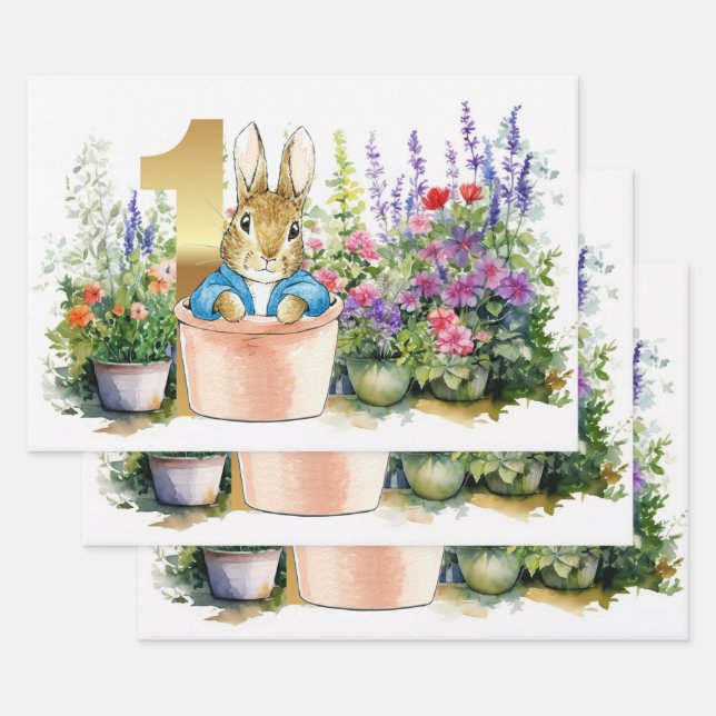 Feuille De Papier Cadeau Lapin classique Premier anniversaire (Lot)