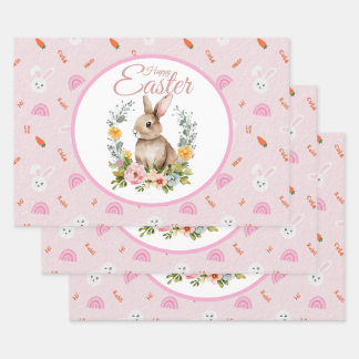 Feuille De Papier Cadeau Lapin de Pâques à l'aquarelle avec couronne floral