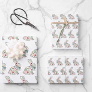 Feuille De Papier Cadeau Lapin de Pâques aux fleurs sauvages roses et bleue