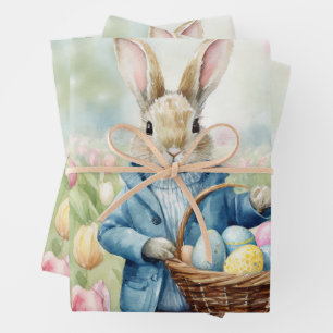 Feuille De Papier Cadeau Lapin de Pâques dans une prairie de tulipes