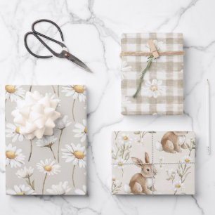 Feuille De Papier Cadeau Lapin de Pâques Floral Daisy Crème Anniversaire