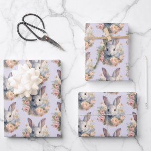 Feuille De Papier Cadeau Lapin entouré de fleurs pastel, joli motif