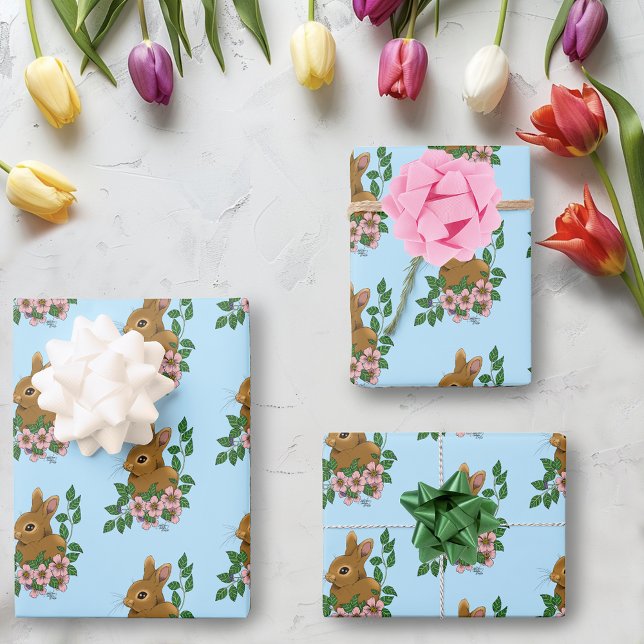 Feuille De Papier Cadeau Lapin Lapin Fleurs Roses (Créateur téléchargé)