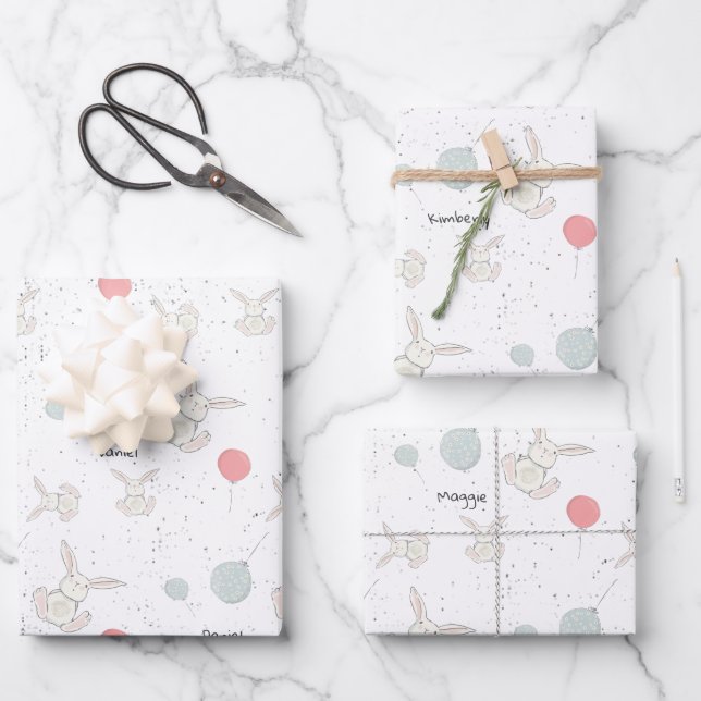 Feuille De Papier Cadeau Lapin mignon et ballons Personnalisé (Recto)