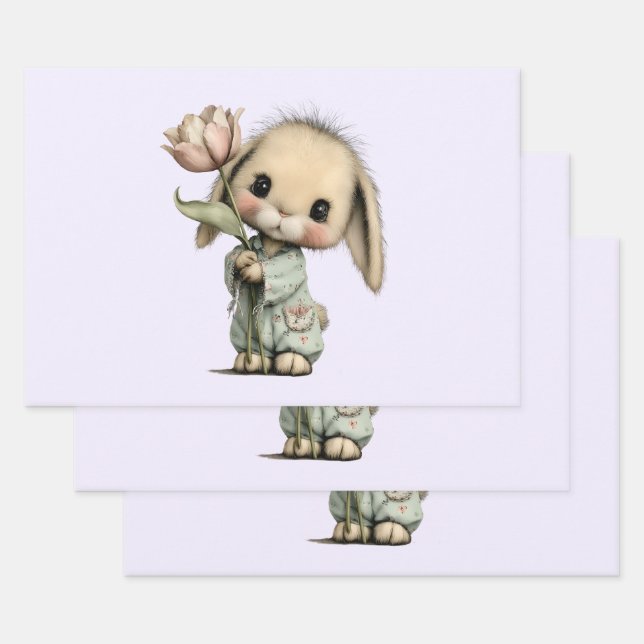 Feuille De Papier Cadeau Lapin mignon tenant une tulipe (Lot)
