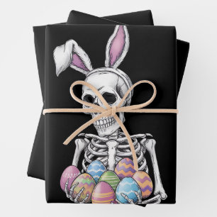 Feuille De Papier Cadeau Lapin squelette tenant des œufs de Pâques Lapin dr
