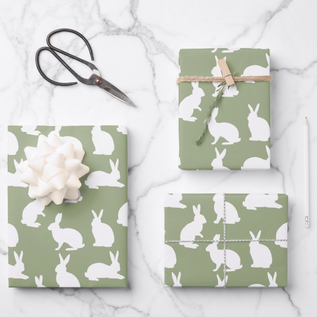 Feuille De Papier Cadeau Lapin Vert Sauge Et Blanc Motif Moderne De Pâques (Recto)