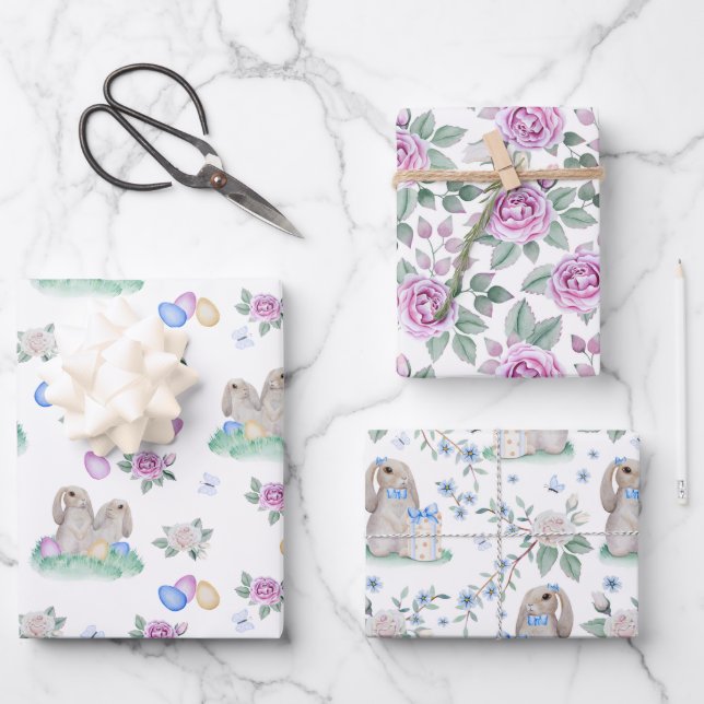 Feuille De Papier Cadeau Lapins de Pâques et fleurs (Recto)