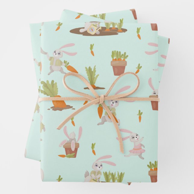Feuille De Papier Cadeau Lapins mignons et carottes (En situation)