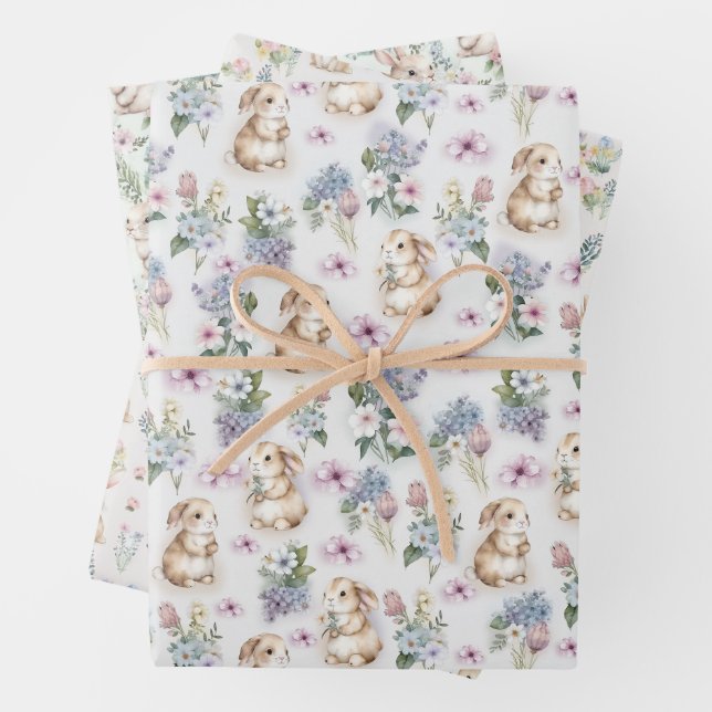 FEUILLE DE PAPIER CADEAU LAPINS MIGNONS PÂQUES  (En situation)