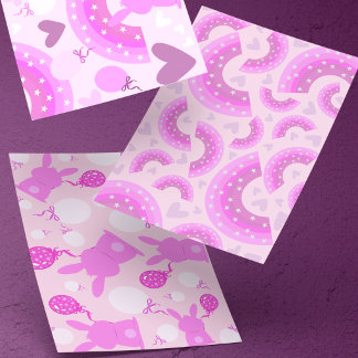 Feuille De Papier Cadeau Lapins roses et violets et arcs-en-ciel avec des c