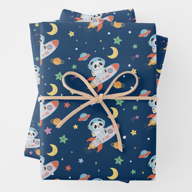 Feuille De Papier Cadeau l'astronaute bleu et orange Panda (En situation)