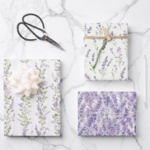 Feuille De Papier Cadeau Lavande Fleurs Blanches Rayures Lancement de Marié