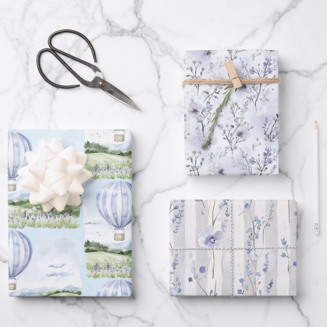 Feuille De Papier Cadeau Lavande Rayures Ballon Floral Shower de Mariage (Recto)