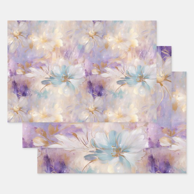 Feuille De Papier Cadeau Lavande violet or glam Fête des mariées florale (Lot)