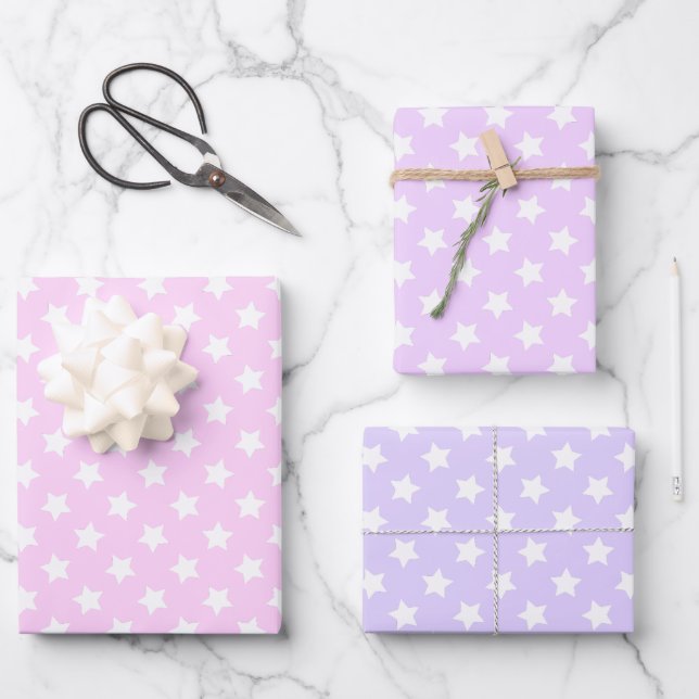 Feuille De Papier Cadeau Lavender Lilac White Stars Pois (Recto)
