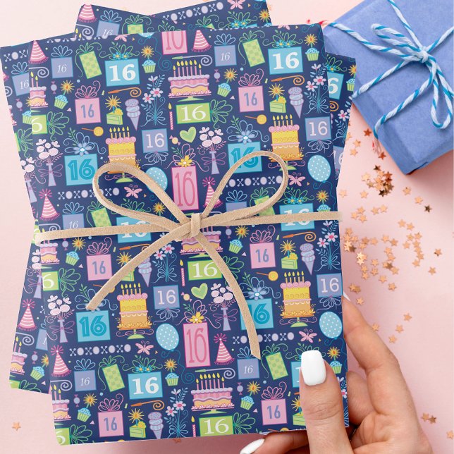 Feuille De Papier Cadeau Le 16e gâteau d'anniversaire présente des ballons  (Créateur téléchargé)