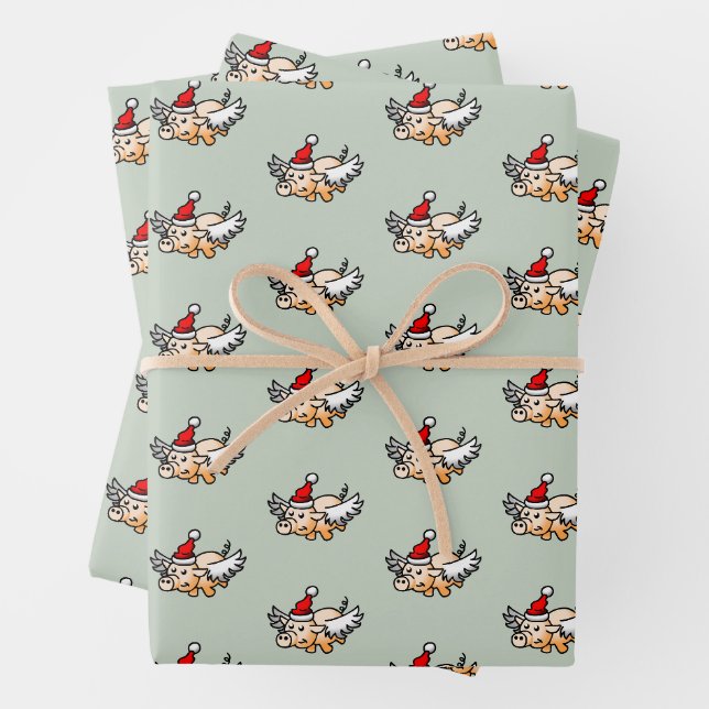 Feuille De Papier Cadeau Le Cochon de Noël Volant (En situation)