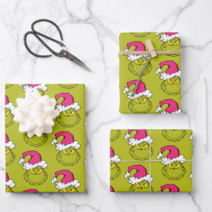 Feuille De Papier Cadeau Le Grinch avec un chapeau de Père Noël rose