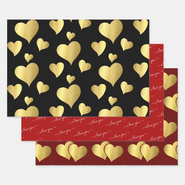 FEUILLE DE PAPIER CADEAU LE JOUR DE VALENTINE FAUX GOLD FOIL JE T'AIME LES  (Lot)