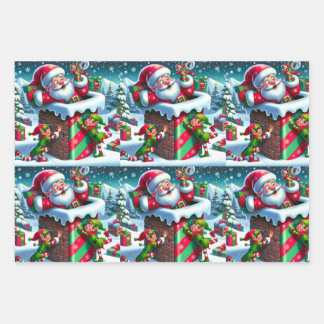 Feuille De Papier Cadeau Le Père Noël coincé dans une cheminée avec des elf