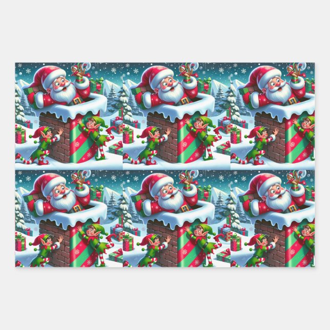 Feuille De Papier Cadeau Le Père Noël coincé dans une cheminée avec des elf (Devant)