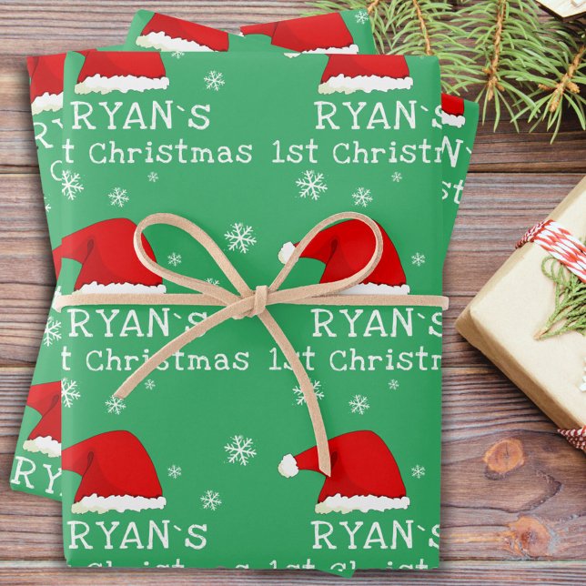 Feuille De Papier Cadeau Le premier flocon de Noël vert du Père Noël (Créateur téléchargé)