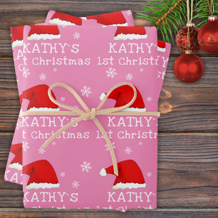 Feuille De Papier Cadeau Le premier Noël de bébé Chapeau de Père Noël rose