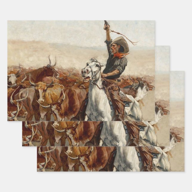 Feuille De Papier Cadeau Le Roundup Western Art par Frederic Remington (Lot)