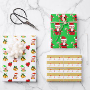 Feuille De Papier Cadeau L'elfe de Noël et les cœurs de joie sur des rayure