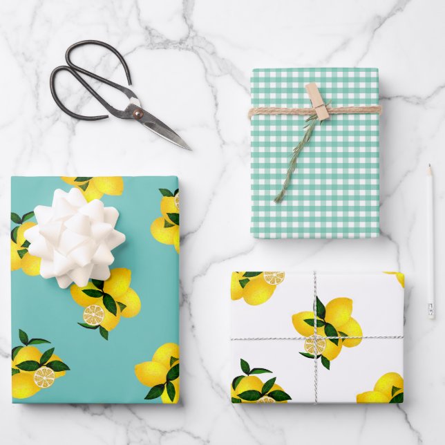 Feuille De Papier Cadeau Lemon Aqua En vichy (Recto)