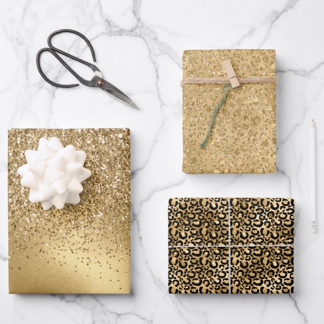 Feuille De Papier Cadeau Leopard de la Parties scintillant Glam d'or (Recto)