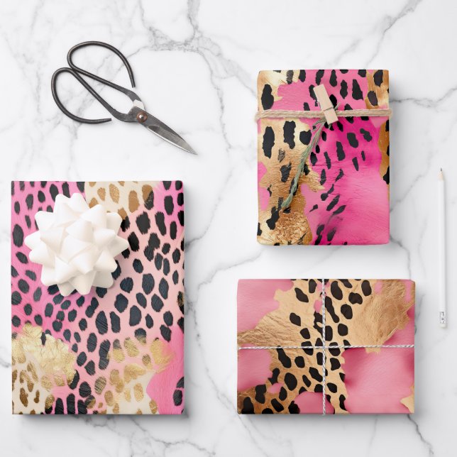 Feuille De Papier Cadeau Leopard doré à crème rose (Recto)