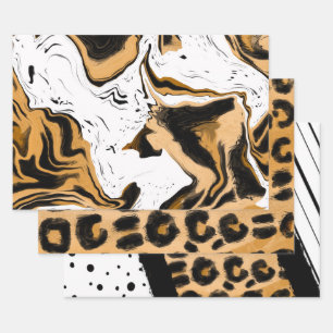 Feuille De Papier Cadeau Léopard et rayures noires et blanches et pois