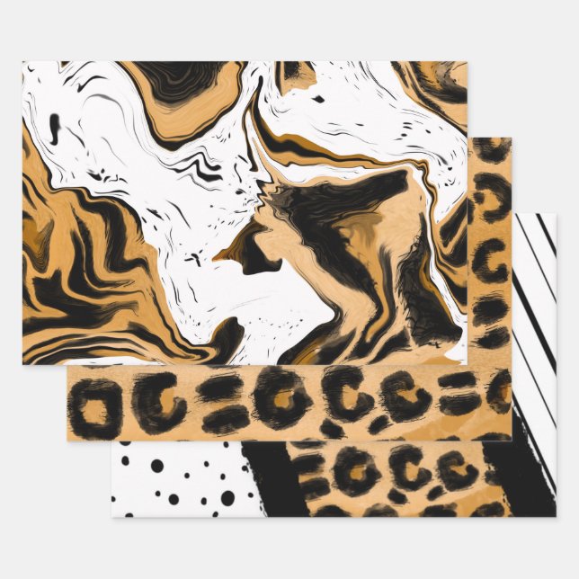 Feuille De Papier Cadeau Léopard et rayures noires et blanches et pois (Lot)