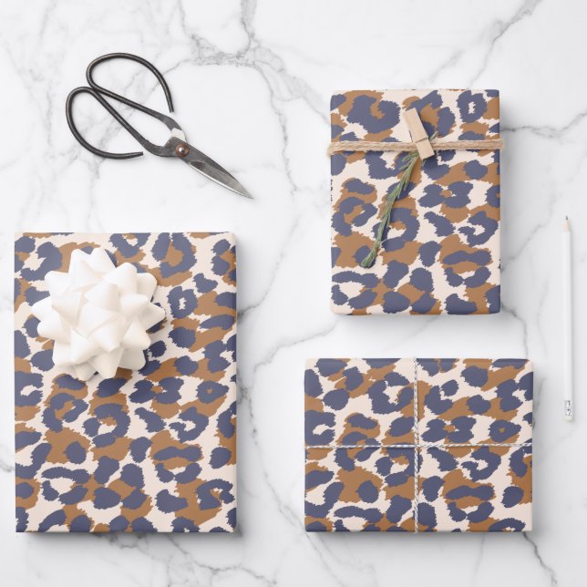 Feuille De Papier Cadeau Leopard Motif-Bleu et Brown (Recto)