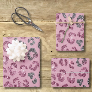 Feuille De Papier Cadeau Léopard Pailleté Rose Élégant sur Fond Or Rose