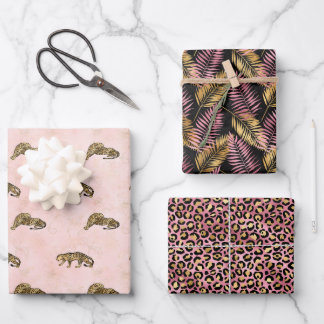Feuille De Papier Cadeau Leopard rose et Motif de la jungle d'or