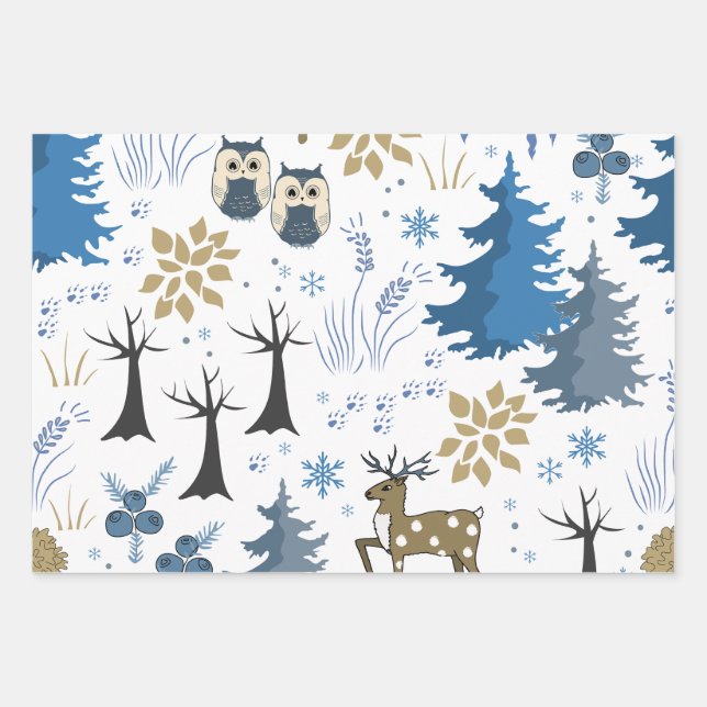 Feuille De Papier Cadeau Les arbres et les animaux de Noël des bois (Devant)