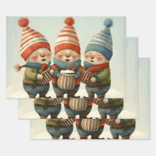 Feuille De Papier Cadeau Les elfes de Noël Jouent à des tambours musicaux