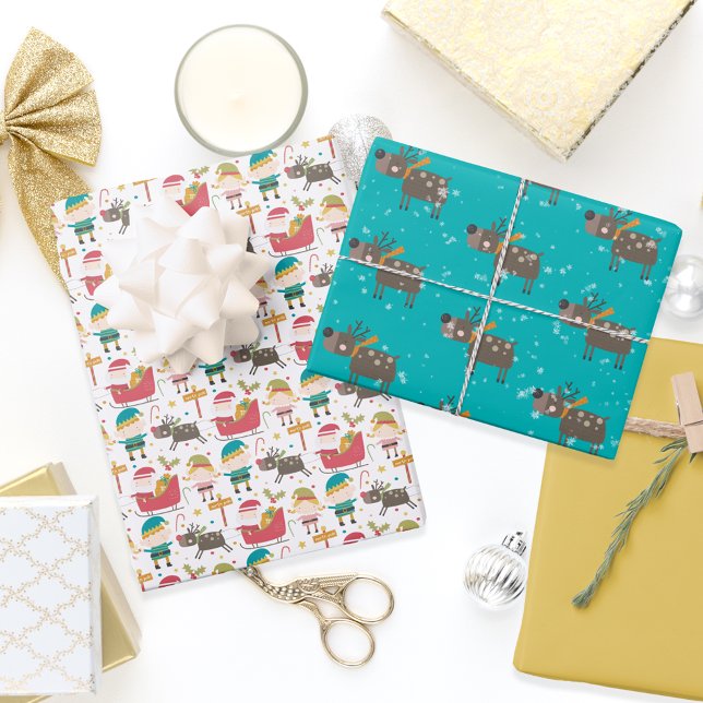 Feuille De Papier Cadeau Les elfes de rennes et le Père Noël (Créateur téléchargé)