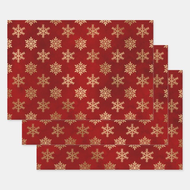 Feuille De Papier Cadeau Les flocons d'or métalliques sur le rouge (Lot)