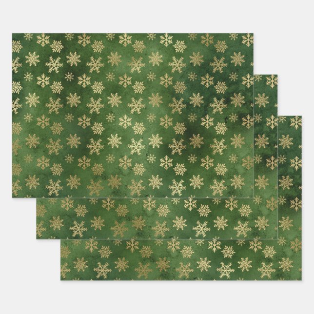 Feuille De Papier Cadeau Les flocons d'or métallurgiques sur le vert (Lot)